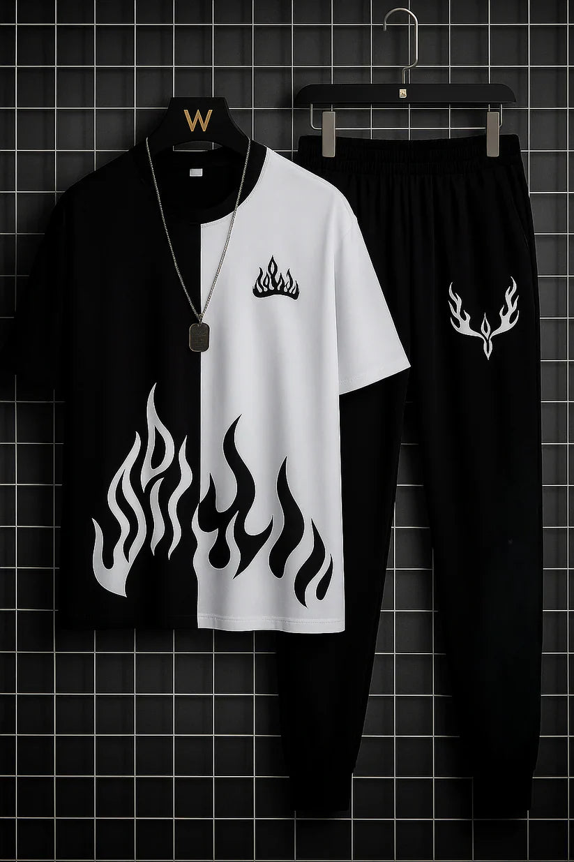 Mens 2pc  Micro Plain Premium Fire Printed Tracksuit (TROUSER+SHIRT)